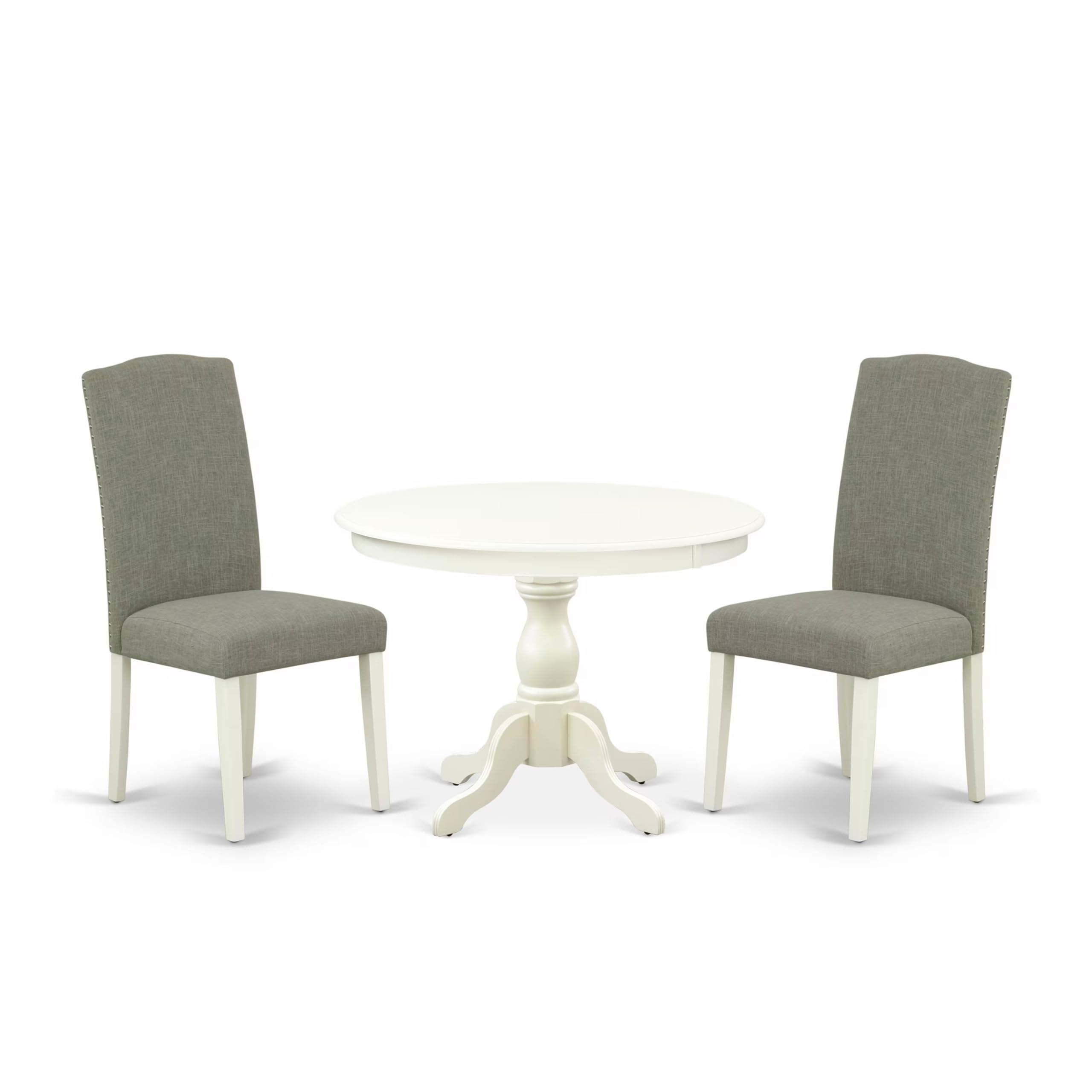 East West Furniture HBEN3-LWH-06 3 Piece Dining Table Set Contains a Round Dining Room Table with Pedestal and 2 Dark Shitake Linen Fabric Parsons Chairs, 42x42 Inch, Linen White